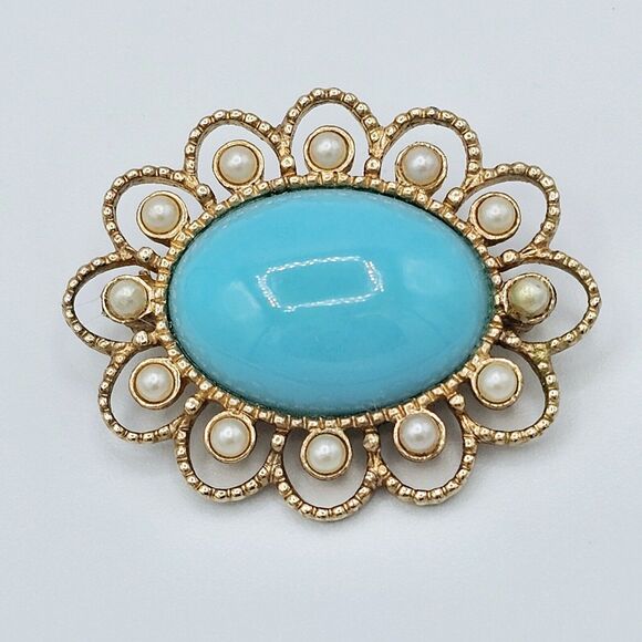 Sarah Coventry Turquoise Brooch Vintage Lucite Cabochon Faux Pearl Estate Pin - Picture 5 of 9